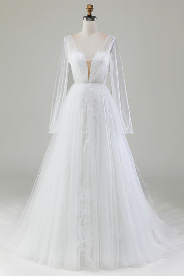 Ivory A-Line V-Neck Pleated Tulle Wedding Dress With Long Sleeves
